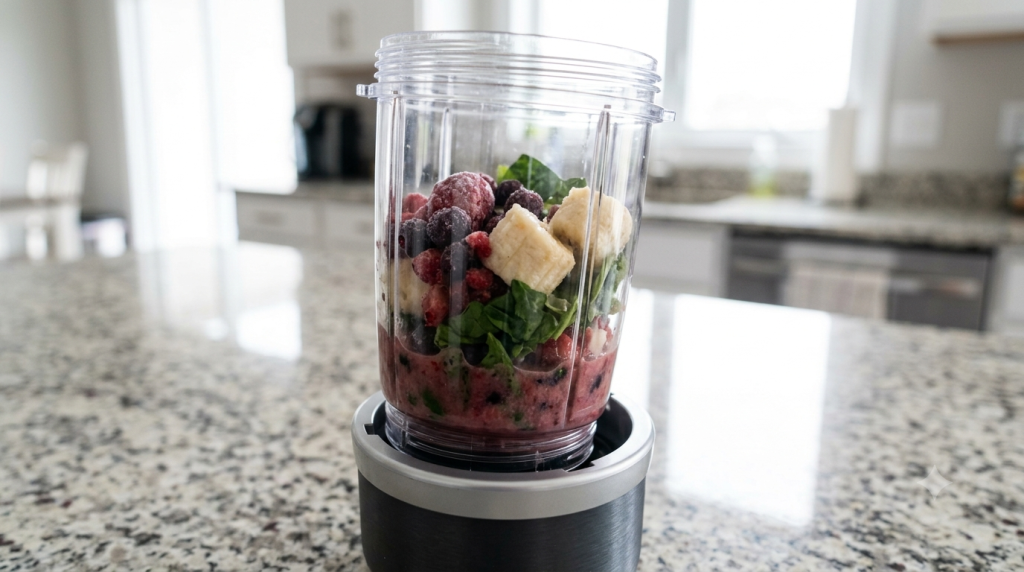 Alt text: "NutriBullet cup fully locked and seated on power "base"—suggested search: "blender cup locked onto base correctly"