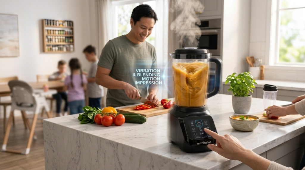 NutriBullet Smart Touch blender being used in a modern kitchen