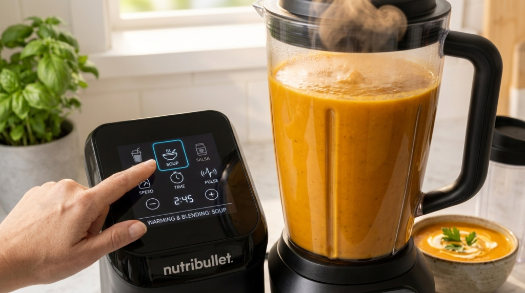 NutriBullet Smart Touch blender preparing hot soup