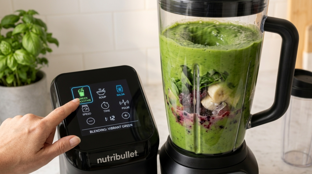 NutriBullet Smart Touch blending a green smoothie