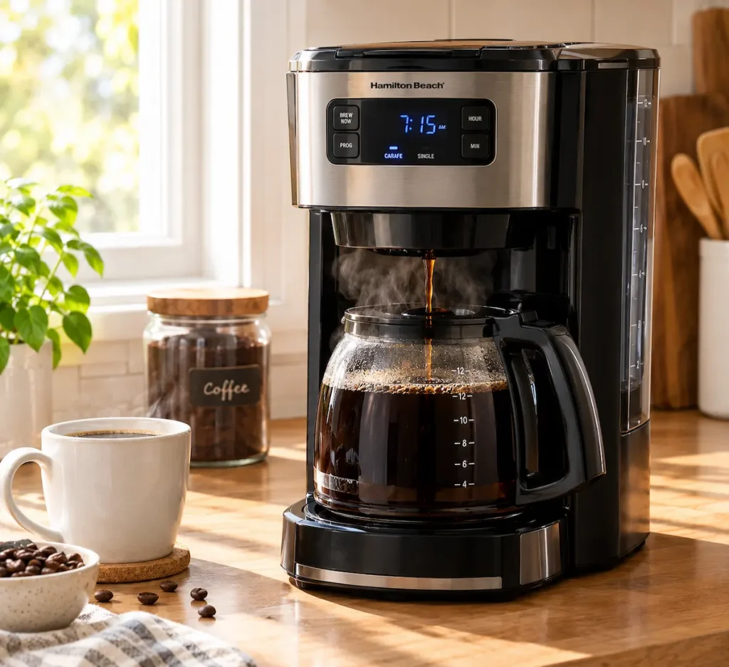 A programmable drip coffee maker brewing a fresh pot