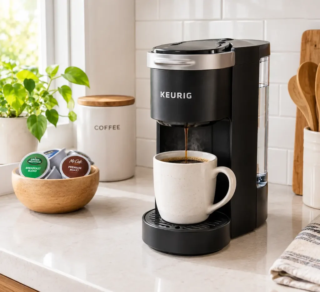 A compact single-serve coffee maker next to a coffee mug