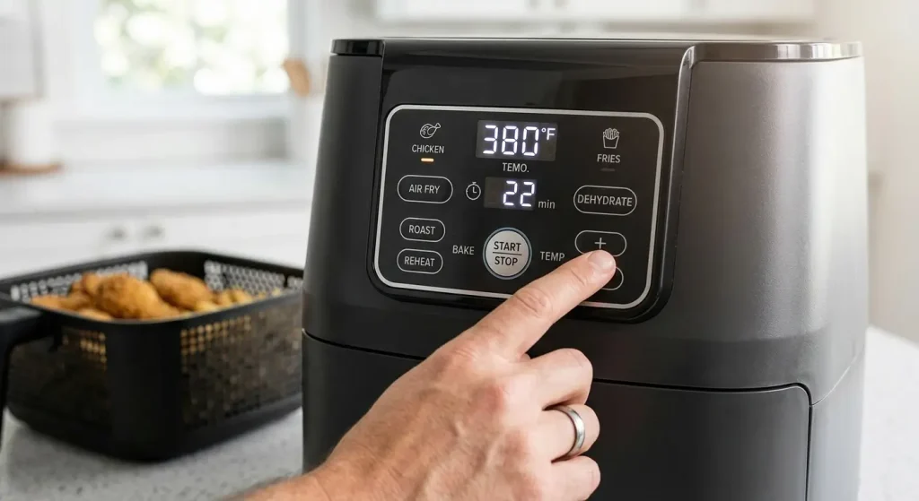 Close-up of an air fryer's digital touch control panel showing temperature settings
