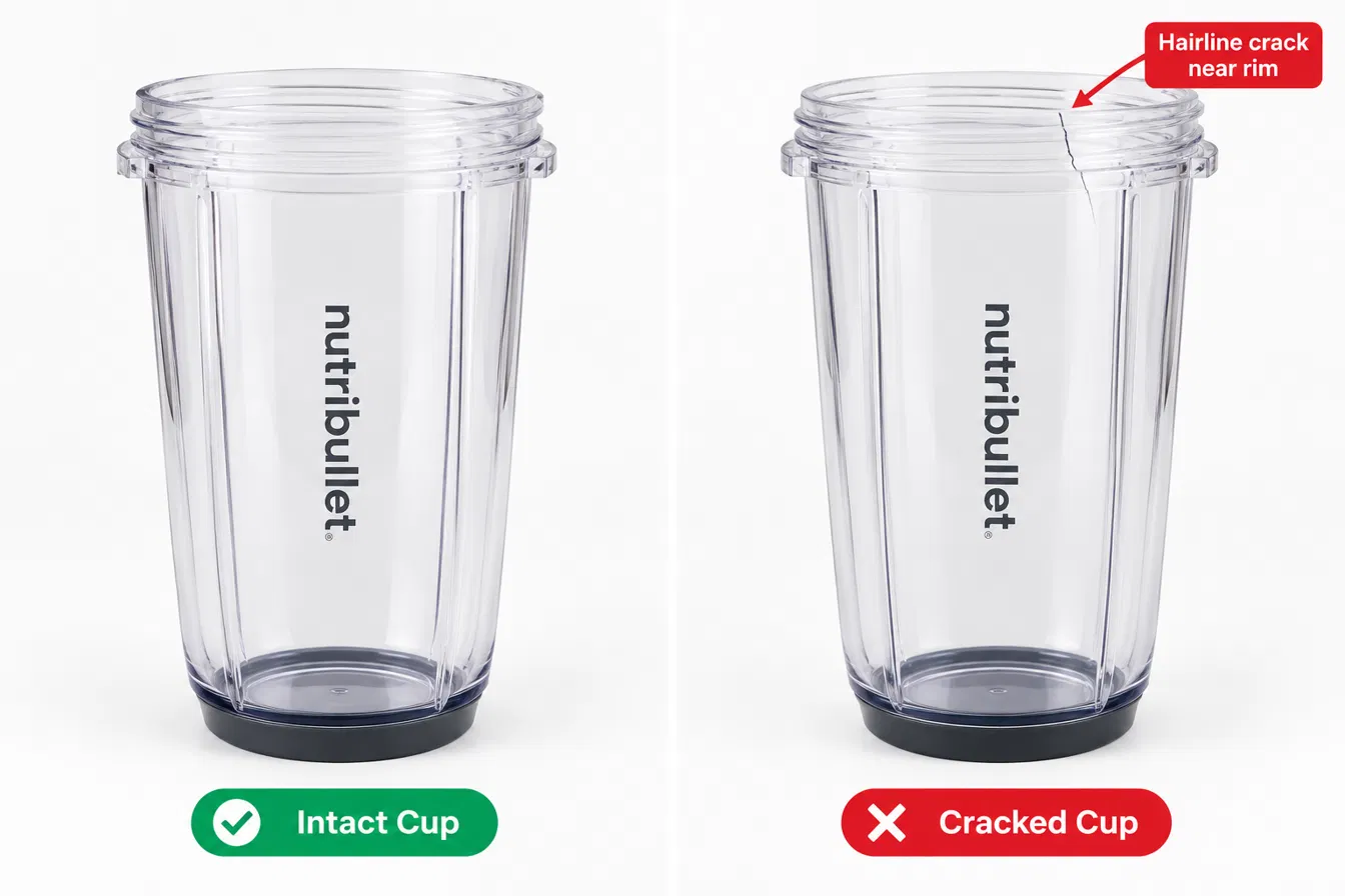 Comparison of an undamaged NutriBullet cup and one with a cracked rim