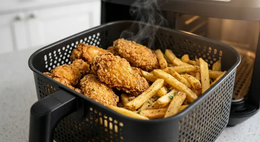 Crispy chicken wings and fries cooked in an air fryer basket