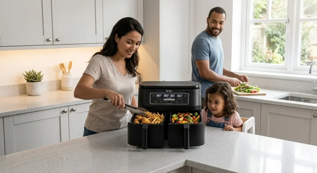 Family cooking a complete meal using a dual-zone air fryer