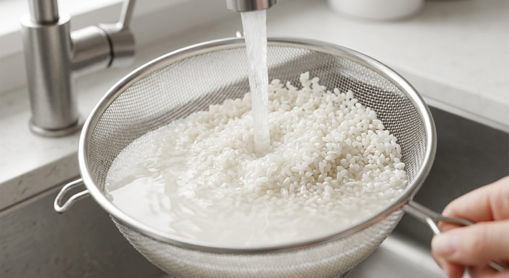 Rinsing short-grain sushi rice in a strainer under running water
