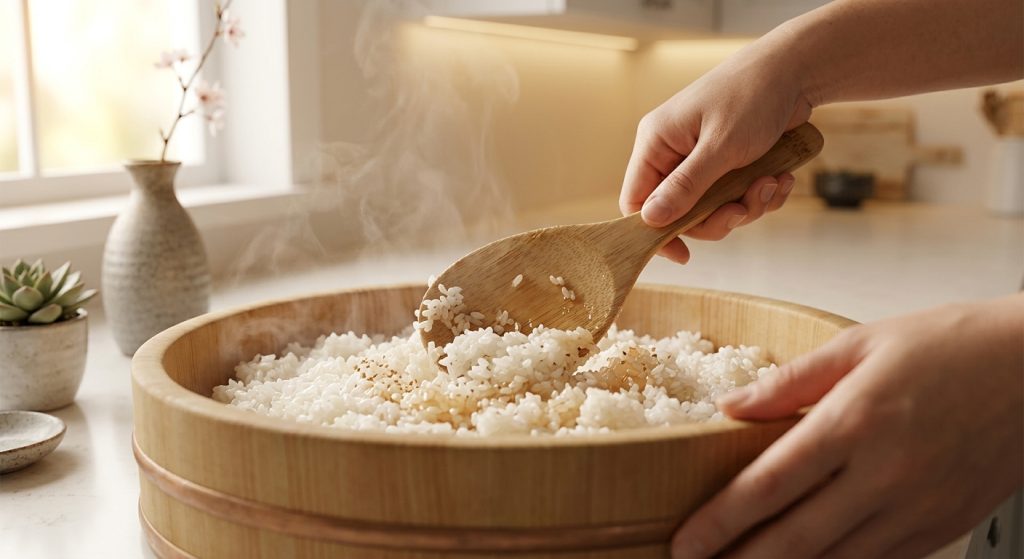 Sushi rice being seasoned with rice vinegar in a wooden bowl using a paddle